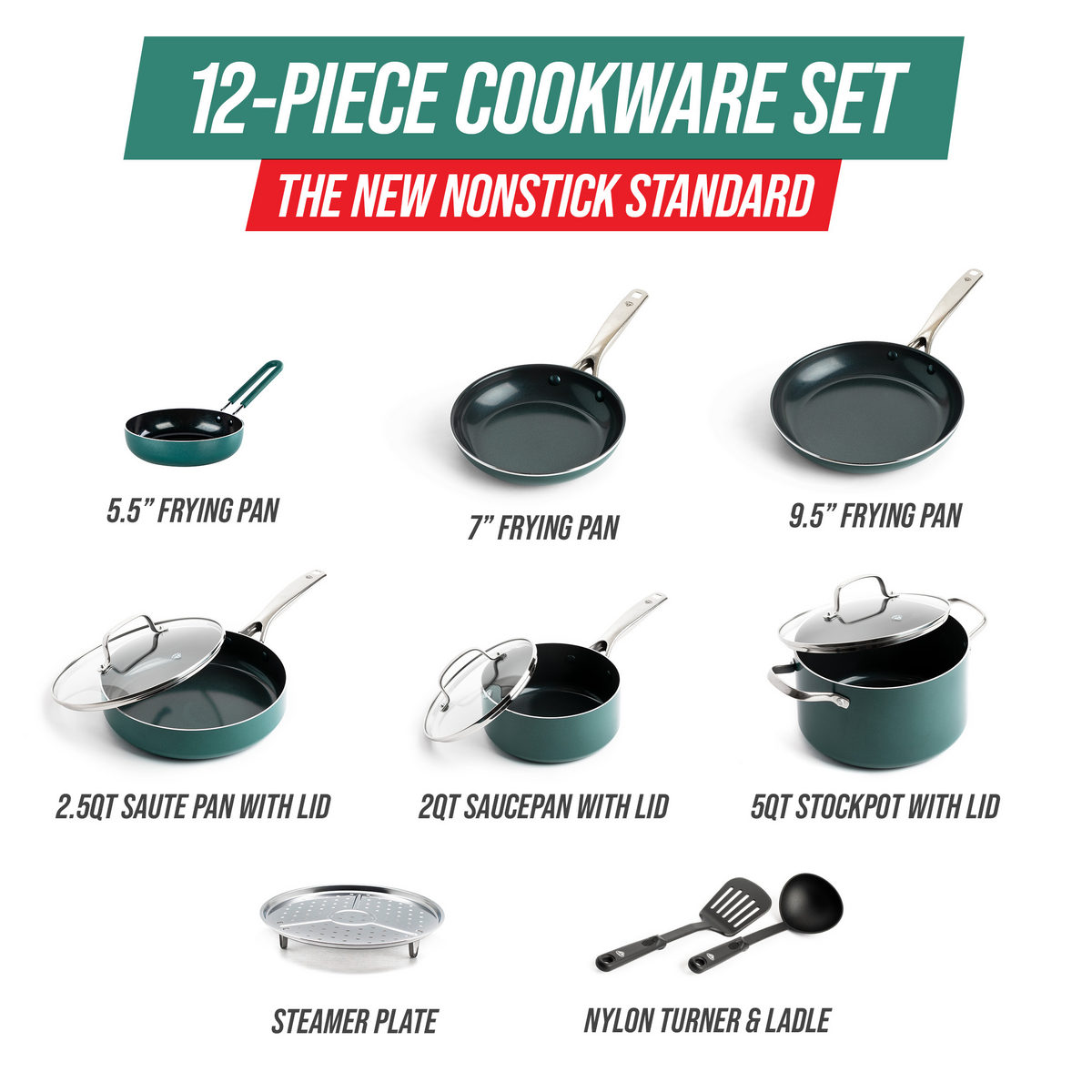 Blue Diamond 12-Piece Ceramic Non-Stick Cookware Set, Green