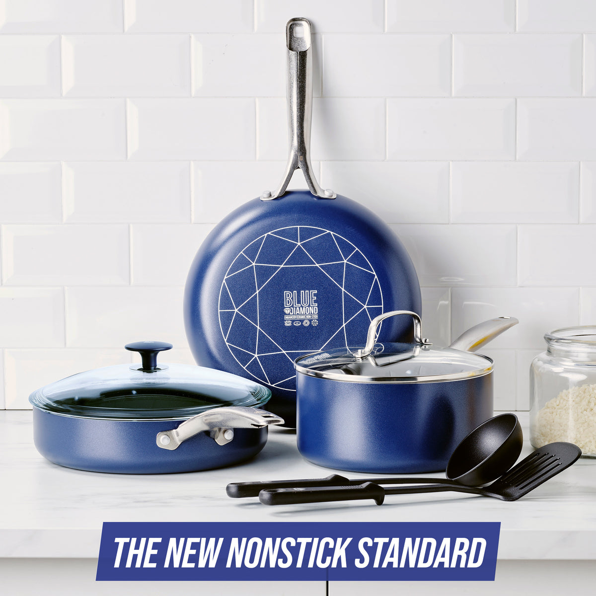 Blue Diamond Ceramic Nonstick 7 Pieces Pots and Pans Cookware set, Blue 
