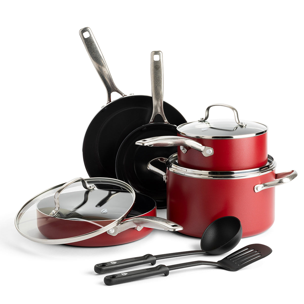 Choice 2-Piece Aluminum Non-Stick Fry Pan Set with Red Silicone Handles -  8 and 10