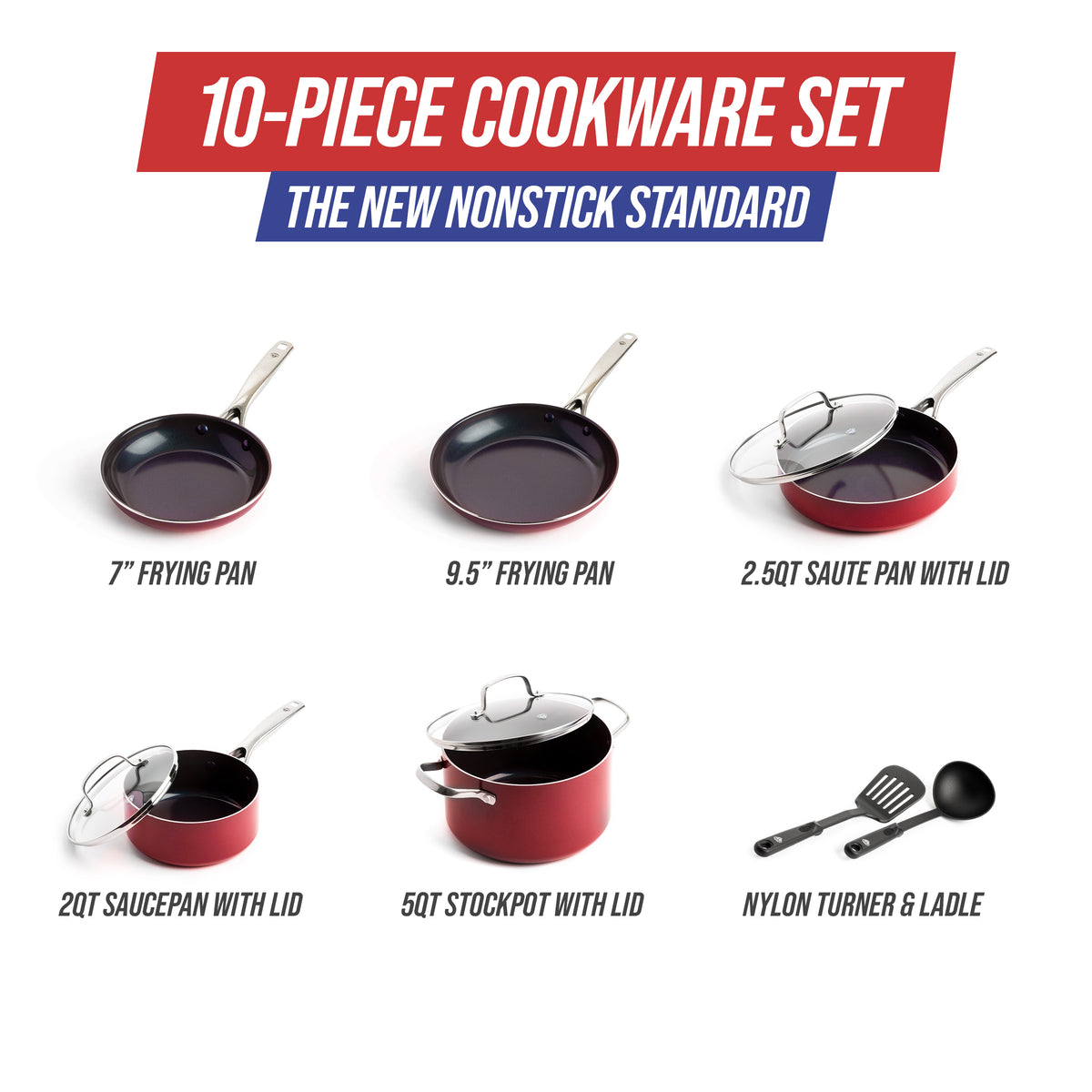 Choice 3-Piece Aluminum Non-Stick Fry Pan Set with Red Silicone Handles -  8, 10, and 12 Frying Pans