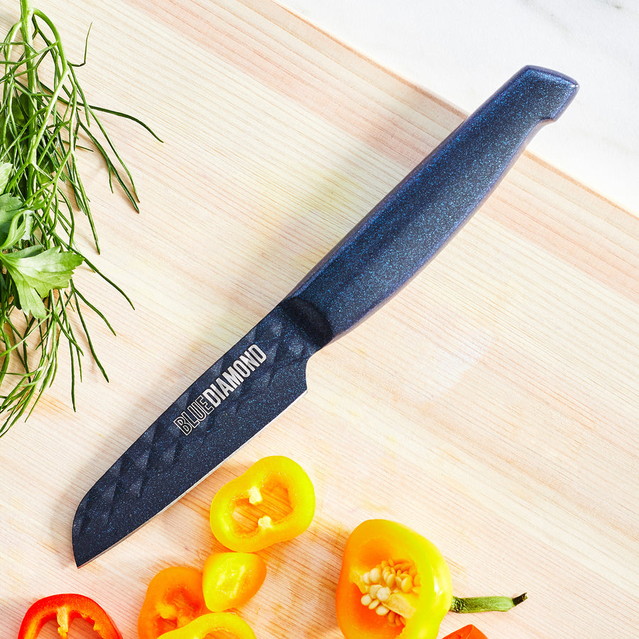 Blue Diamond Sharp Stone Santoku Knife with Non-Stick Coating Made of Stainless Steel, 18 cm with Protective Cover, Japanese, the Blade Has a Diamond Texture, Dishwasher Safe